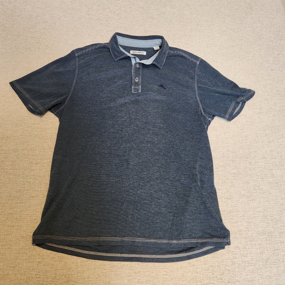 Tommy Bahama Polo Shirt Mens Large Blue Micro Stripe Tencel Blend ST225393
